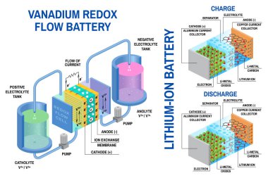 Redox akış bataryaları ve Li-ion batarya şeması. Vektör. Kimyasal potansiyel enerjiyi elektrik enerjisine çeviren cihaz. Kimyasal enerjinin iki kimyasalla sağlandığı elektrokimyasal hücre