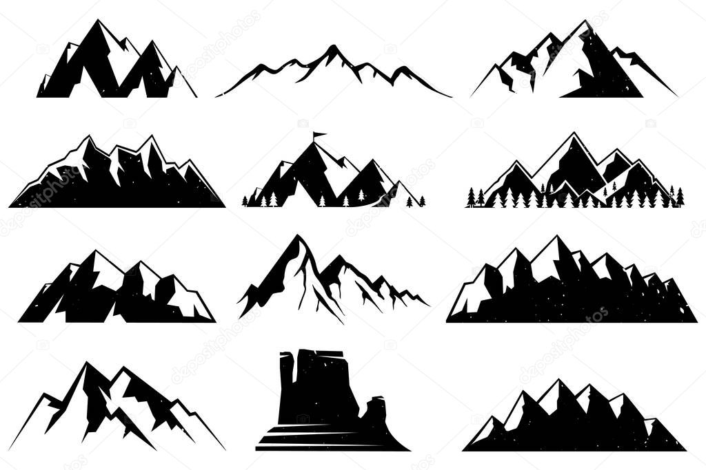 Set of mountains peaks silhouette. Isolated rocky mountain. Mountain, rock, hill, peak. Vector illustration Black and white illustration
