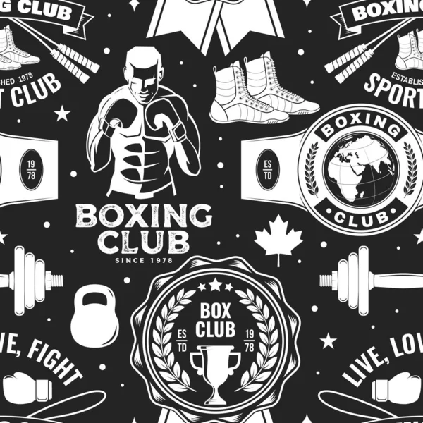 ボクシングクラブシームレスパターン ベクトル ボクシングスポーツクラブのエンブレム サイン パッチ付きの背景 ボクサー ボクシングジャンプロープや靴のシルエットと背景や壁紙のための概念 — ストックベクタ
