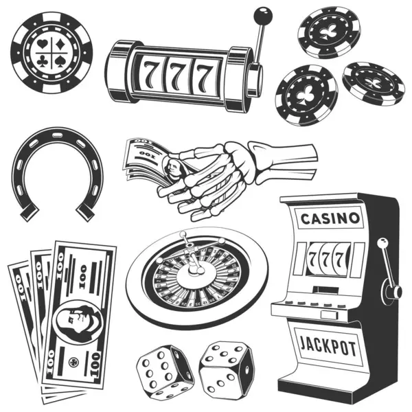 Vintage Casino Gambling Tools Elements Silhouettes Set Monochrome Style Isolated — Stock Vector
