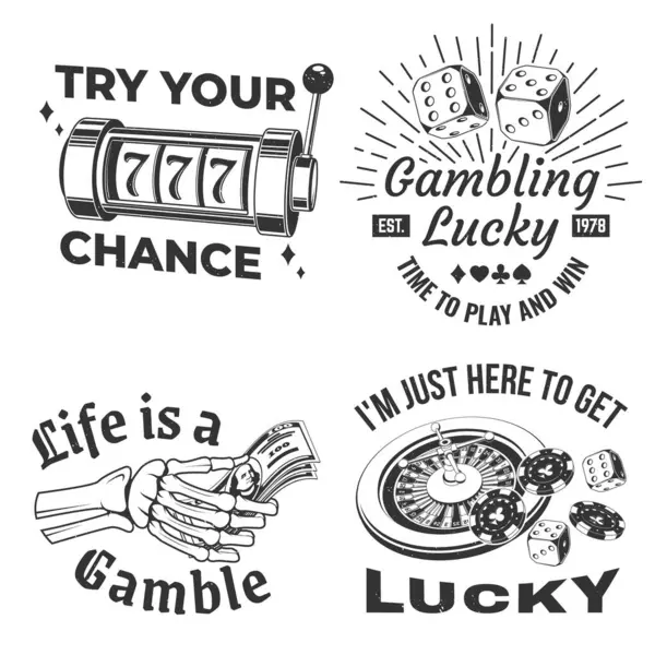 Gambling Vintage Print Logotyp Bricka Design Med Lyckohjul Två Tärningar — Stock vektor