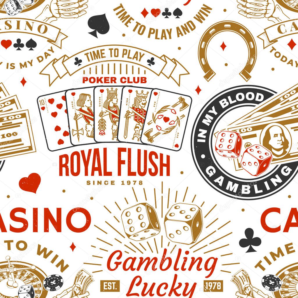 Gambling, casino seamless pattern with wheel of fortune, two dice and skeleton hand holding dollar silhouette. Vector. Concept for casino pattern background or wallpaper