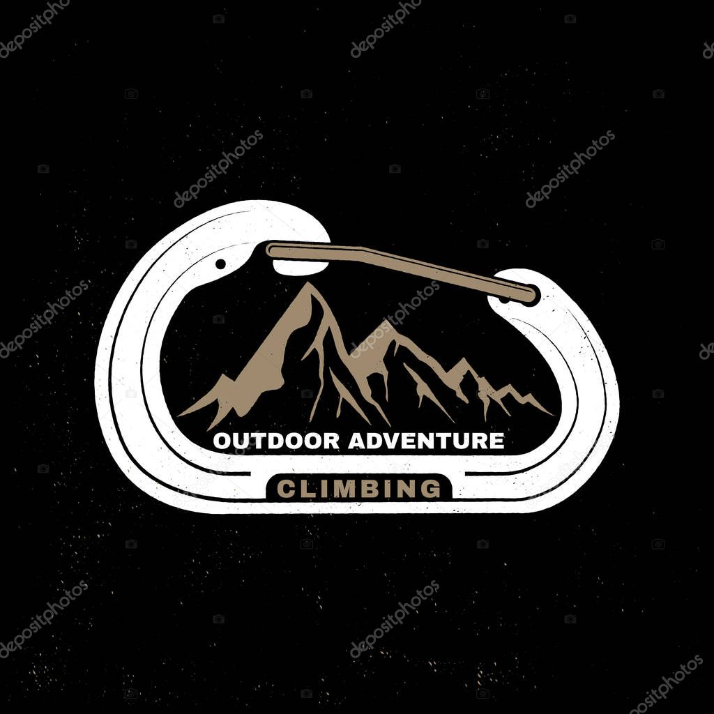 Climbing badge, logo design. Vector. Concept for shirt or logo, print, stamp or tee. Vintage typography design with mountain and old metal climbing ice-axe silhouette. Outdoors adventure.