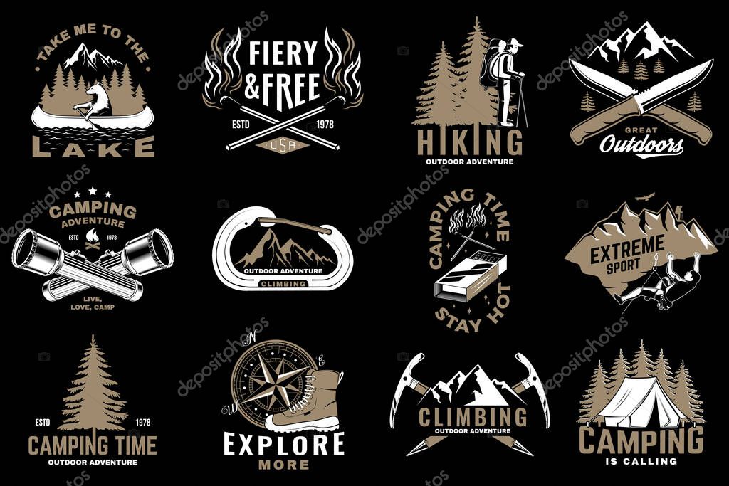 Set of outdoor adventure sticker. Vector. Vintage typography design with forest pine tree, hiker, climber, matches stick, camping flashlight, camping knives and mountain silhouette.