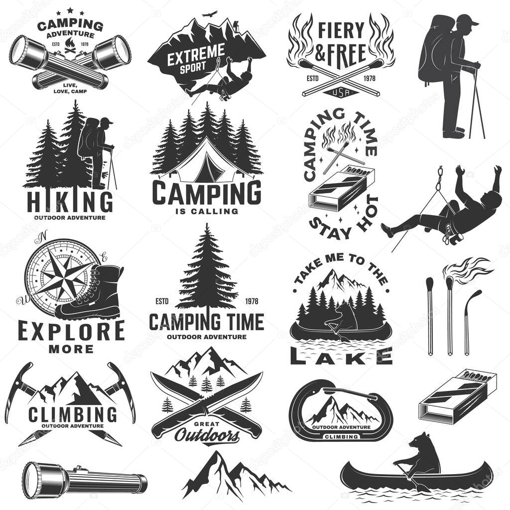Set of outdoor adventure sticker. Vector. Vintage typography design with forest pine tree, hiker, climber, matches stick, camping flashlight, camping knives and mountain silhouette.