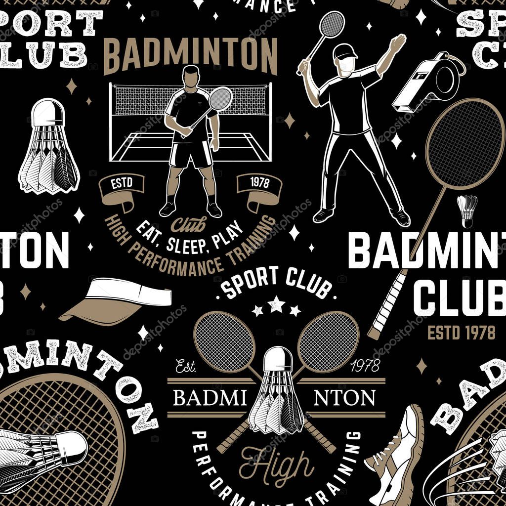 Set of badminton sport sport club seamless pattern. Vector. Sport background or wallpaper with badminton racket, sports shoe and shuttlecock silhouettes