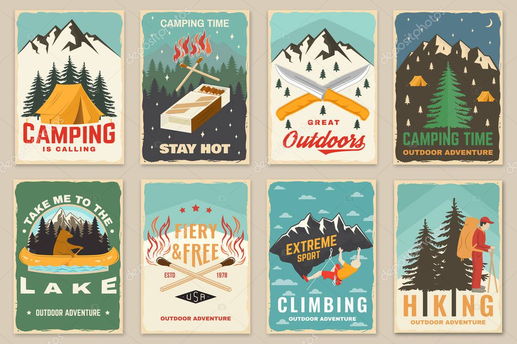 Set of camping retro posters. Outdoor adventure vector badge design. Vintage typography design with knives, bear in canoe, matches stick, burning lighter, hiker, climbing ice-axe match and forest.