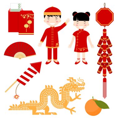 Çin Yeni Yıl Düz İkonları. Set içinde kız, erkek, fener, ejderha, kestane fişeği ve diğer elementler var. Vektör illüstrasyonu.
