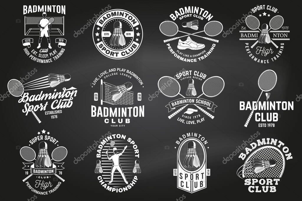 Set of badminton sport badge, patch, emblem, logo on chalkboard. Vector illustration. Vintage badminton label with racket, player and shuttlecock silhouettes. Concept for shirt or logo, print, stamp