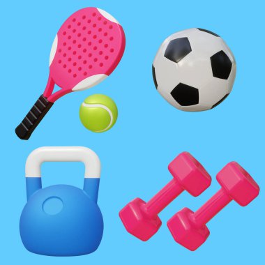 3D spor ikonu ekipmanlarını ayarla. Vektör çizimi. Set arasında pembe raket tenis raketi ve yeşil tenis topu, futbol topu, dambıl, halterler yer alıyor..