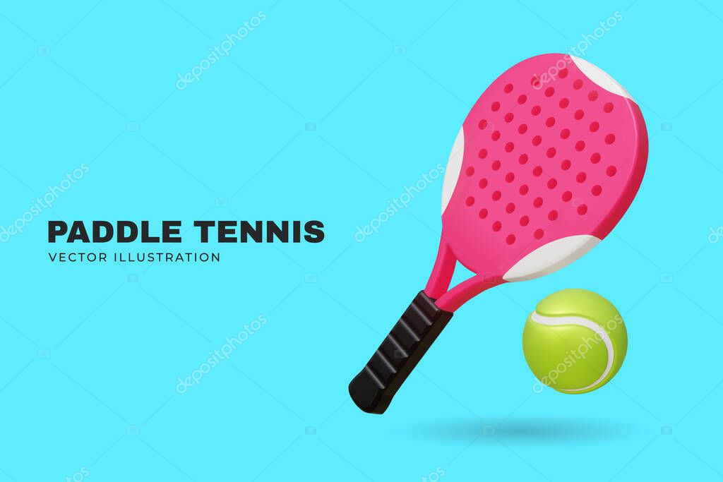3d realistic pink paddle tennis racket and green tennis ball on blue background. Vector illustration. Padel tennis sport banner, poster equipment.