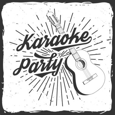 Karaoke party poster, banner. Retro classical acoustic guitar with sunburst vintage typography design for t shirt, emblem, logo, badge design. Vector illustration.