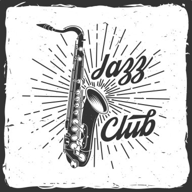 Jazz club, retro music poster, banner. Retro saxophone with sunburst vintage typography design for t shirt, emblem, logo, badge design. Vector illustration.