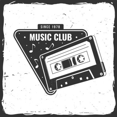 Music club logo, badge, label. Retro poster, banner with Audio cassette tape, vintage typography design for t shirt, emblem, logo, badge design. Vector illustration. Equipment for listening and