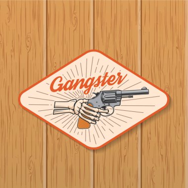 Önce döv ya da yenil. Klasik Amerikan gangster rozeti, yama, çıkartma tasarımı. Vektör çizimi. Klasik monokrom etiketi, çıkartma, eklem tozu silueti ile yama