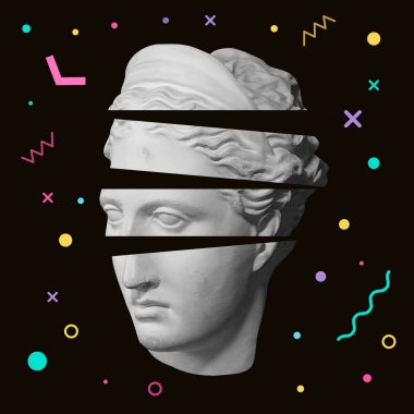 Memphis tarzında bir Venera 'nın portresi, soyut şekiller ve kompozisyonlar. Vektör illüstrasyonu.