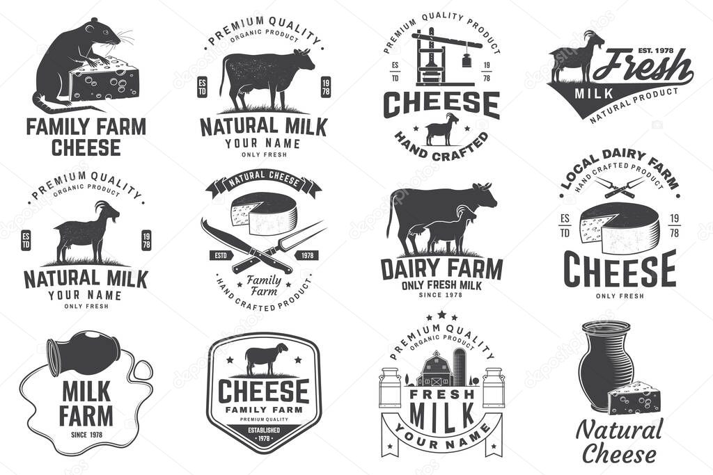 Cheese family farm and rustic milk badge design. Design with block cheese, sheep, fork, knife, milk, cow, cheese press. Vector. Template for cheese and milk farm business - shop, market, packaging
