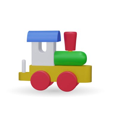 3 boyutlu oyuncak tren. Vektör çizimi. Çocuk oyuncakları antrenman, raylarda lokomotif. Geçmişteki en klasik oyuncaklar