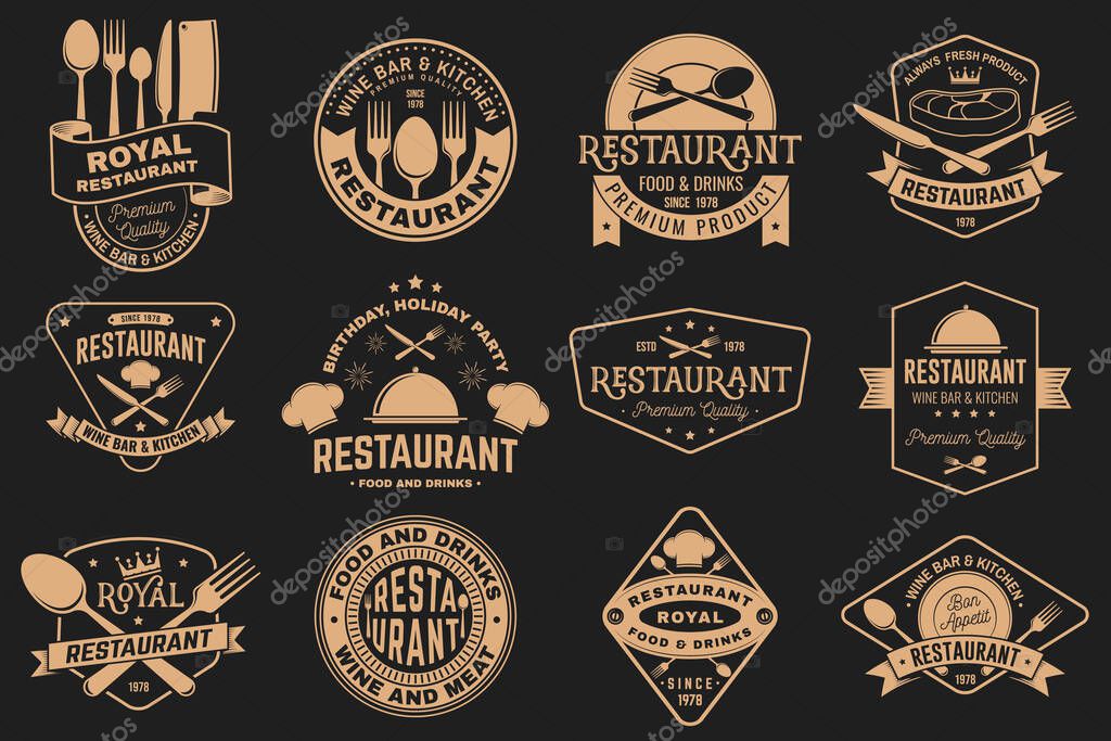 Set of Restaurant logo. Vector Illustration. Vintage graphic design for logotype, label, badge with plate, steak, cloche with lid, fork and knife. Cooking, cuisine logo for menu restaurant or cafe
