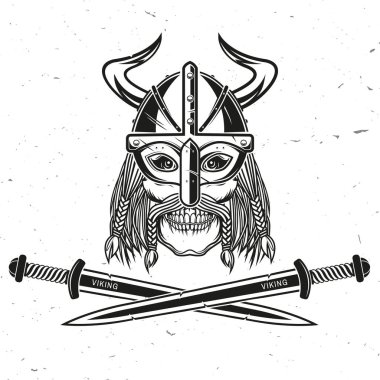 Çapraz savaş kılıcıyla Kafatası Viking. Vektör çizimi. Viking amblemleri, etiketleri ve logoları için. Tek renkli biçim