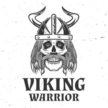 Viking savaşçı logosu, rozeti, çıkartması. Vektör çizimi. Amblem, etiket ve yama için. Miğferde tek renkli Viking tarzı