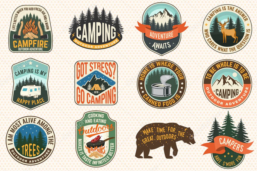 Set of Summer camp quotes patches. Vector. Design with rv trailer, camping tent, forest, bear, deer, mountains, axe and campfire