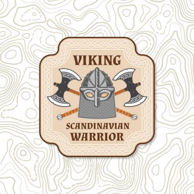 Viking savaşçı logosu, rozeti, çıkartması. Vektör çizimi. Amblem, etiket ve yama için. Çift Baltalı Viking yama tasarımı kalkanı..