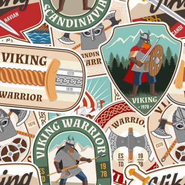 Vikinglerin savaşçıları kusursuz kalıplar ya da geçmişleri. Vektör çizimi. Kumaş, doku, miğferinde viking olan duvar kağıdı çapraz savaş baltası, kılıç ve kuzey gemisi.
