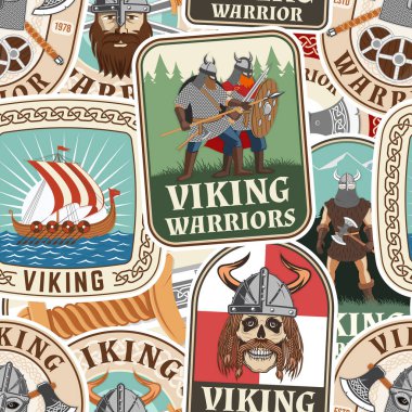 Vikinglerin savaşçıları kusursuz kalıplar ya da geçmişleri. Vektör çizimi. Kumaş, doku, miğferinde viking olan duvar kağıdı çapraz savaş baltası, kılıç ve kuzey gemisi.