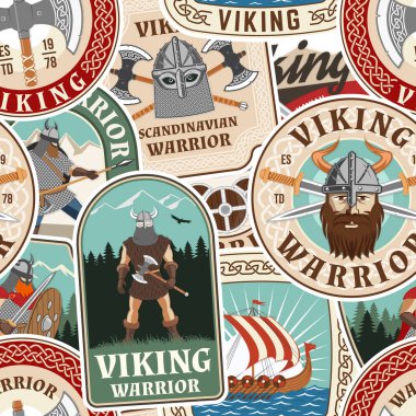 Vikinglerin savaşçıları kusursuz kalıplar ya da geçmişleri. Vektör çizimi. Kumaş, doku, miğferinde viking olan duvar kağıdı çapraz savaş baltası, kılıç ve kuzey gemisi.