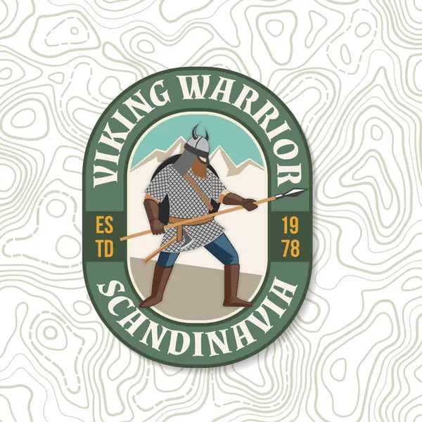 Viking savaşçı logosu, rozeti, çıkartması. Vektör çizimi. Amblem, etiket ve yama için. Mızraklı ve yuvarlak kalkanlı miğferli bir Viking yama tasarımı..