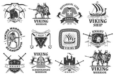 Viking savaşçısı ve şövalye tarihi kulüp logoları, rozetler, çıkartmalar. Vektör. Savaş baltası, kılıç ve İskandinav gemisiyle miğfer takan bir şövalyeyle yama tasarımı..