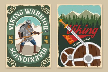 Viking savaşçı retro posterleri. Vektör çizimi. El ilanı, broşür, pankart tasarımı. Mızraklı ve yuvarlak kalkanlı bir Viking miğferi..