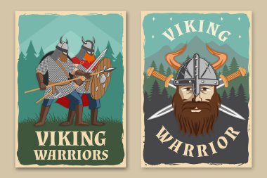 Viking savaşçı retro posterleri. Vektör çizimi. El ilanı, broşür, pankart tasarımı. Kasklı, savaş kılıcı, mızrak ve yuvarlak kalkanlı bir Viking..
