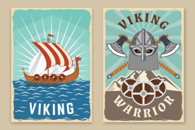 Viking savaşçı retro posterleri. Vektör çizimi. El ilanı, broşür, pankart tasarımı. Kasklı bir Viking savaş baltası ve Viking gemisi..