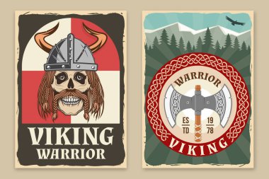 Viking savaşçı retro posterleri. Vektör çizimi. El ilanı, broşür, miğferli bir Viking şablonu ve çift baltalı ortaçağ silahı..