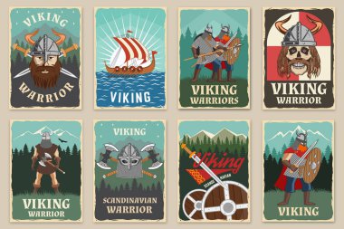 Viking savaşçı retro posterleri. Vektör çizimi. El ilanı, broşür, pankart tasarımı. Kasklı bir Viking savaş baltası, kılıç ve İskandinav gemisi..