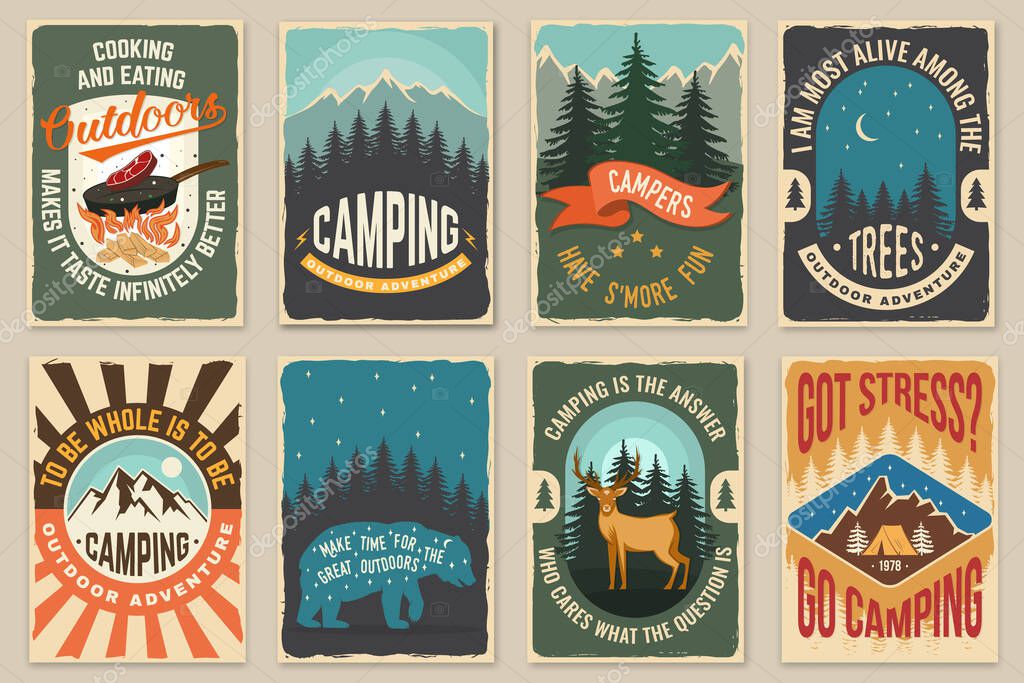 Set of Summer camp quotes patches. Vector. Design with rv trailer, camping tent, forest, bear, deer, mountains, axe and campfire