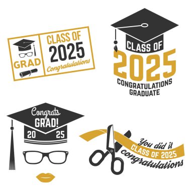 2025 Sınıfı rozetler. Gömlek, baskı, mühür, üst üste veya damga, selamlama, davetiye kartı kavramı. Typography tasarımı - stok vektörü.