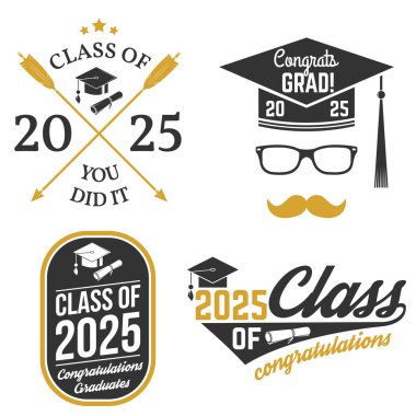 2025 Sınıfı rozetler. Gömlek, baskı, mühür, üst üste veya damga, selamlama, davetiye kartı kavramı. Typography tasarımı - stok vektörü.