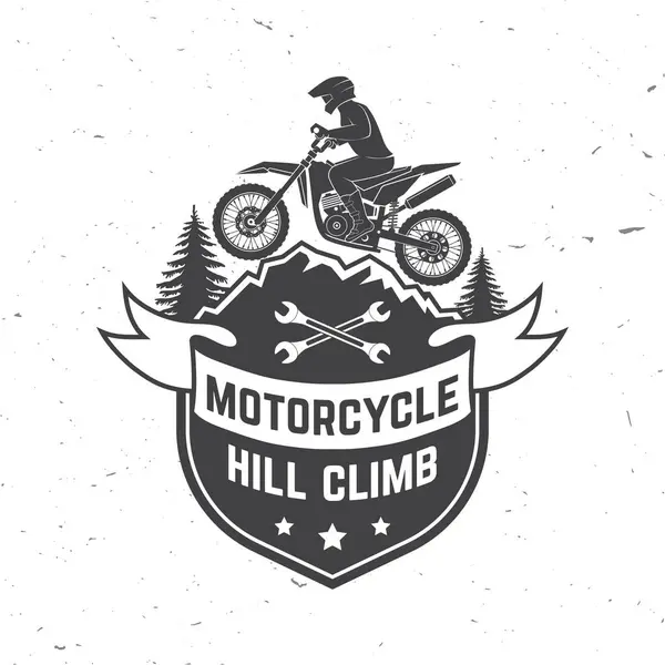 stock vector Motorcycle hill climb logo, badge, sticker. Vector illustration. Extreme sport with motorbike for extreme jump and race in mountains. Monochrome style man riding in helmet on a motorcycle.