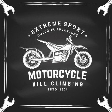 Motorcycle hill climb logo, badge, sticker on the chalkboard. Vector. Extreme sport with motorbike for extreme jump and race in mountains. Monochrome style. clipart