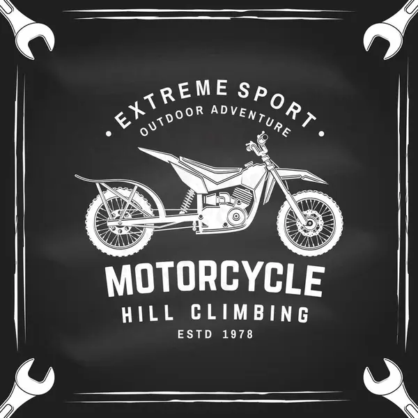 stock vector Motorcycle hill climb logo, badge, sticker on the chalkboard. Vector. Extreme sport with motorbike for extreme jump and race in mountains. Monochrome style.