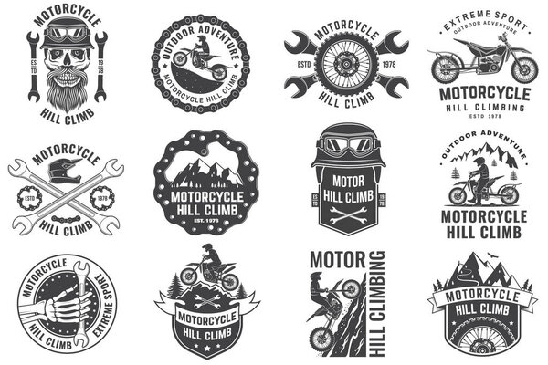 Set of motorcycle hill climb logos, badges, stickers. Vector. Extreme sport with motorcycle helmet, skull, glasses, bike, mountain and wrenches. Monochrome style.