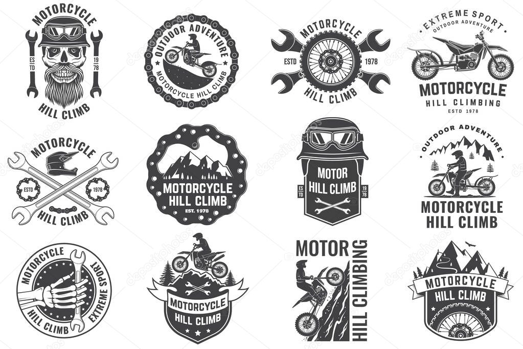 Set of motorcycle hill climb logos, badges, stickers. Vector. Extreme sport with motorcycle helmet, skull, glasses, bike, mountain and wrenches. Monochrome style.