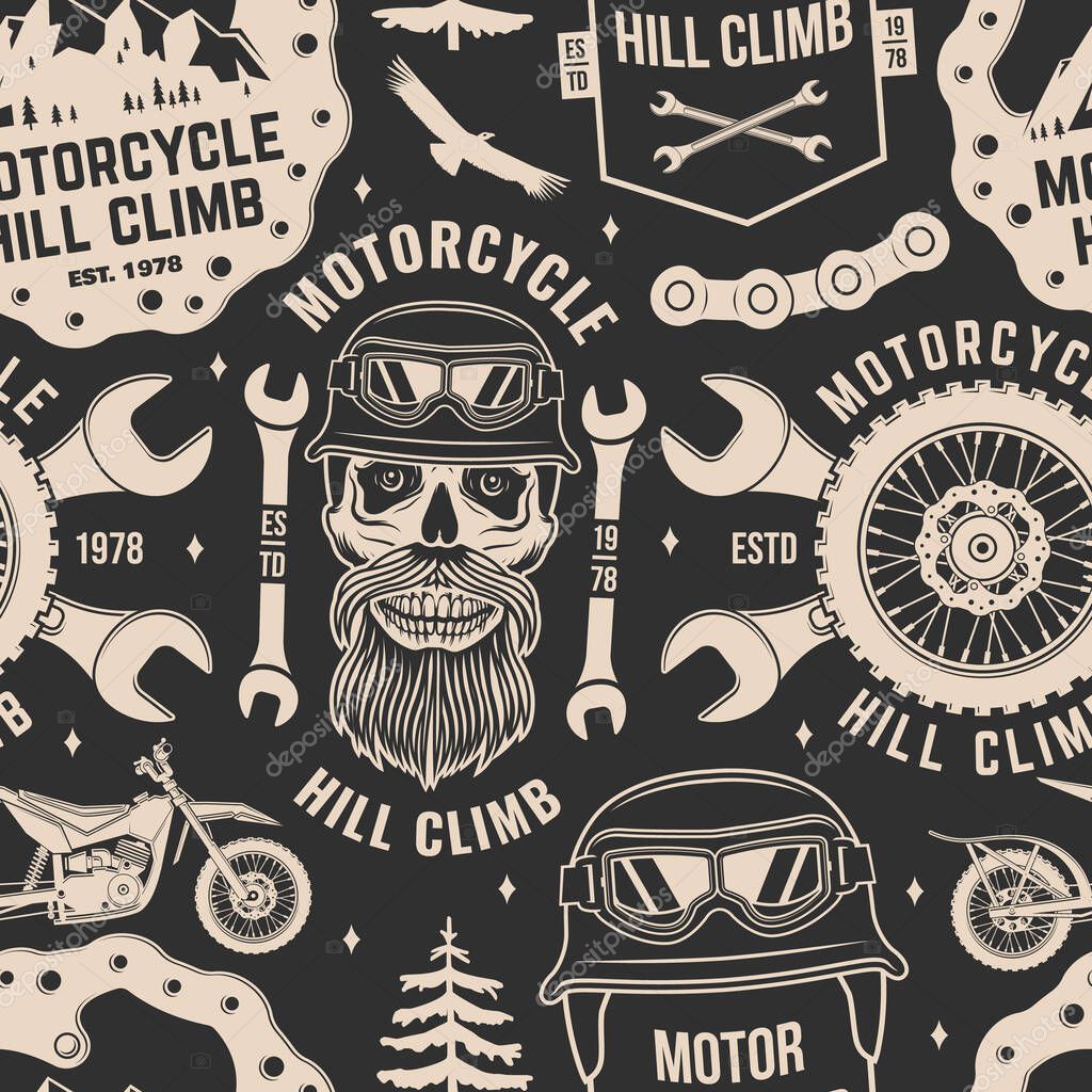 Motorcycle hill climb seamless pattern or background. Vector. Fabric, texture, wallpaper with motorcycle helmet, skull, glasses, bike, mountain and wrenches