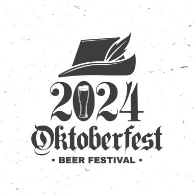 Oktoberfest logosu ya da rozet tasarımı. Vektör. Bira kupalı geleneksel Alman şapkası.