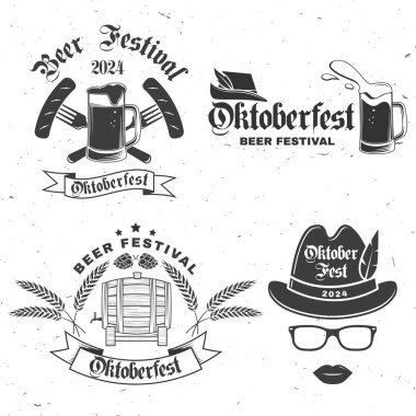 Set of Oktoberfest logos or badges design. Vector. Beer mug with malt, German traditional hat, fried sausage, grilled, skewered on a fork. Vintage typographic design clipart