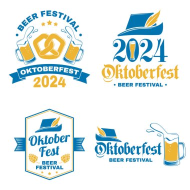 Oktoberfest logoları ya da rozet tasarımları. Vektör. Bira bardağı, Alman geleneksel şapkası, kızarmış sosis, ızgara, çatalda şiş.