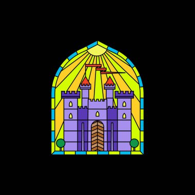 Ortaçağ kalesinin renkli camlı penceresi. İç mekan için renkli gotik mozaik dekorasyonu. Vektör illüstrasyonu